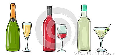 Bottle and glass cocktail, liquor, wine, champagne. Vector Illustration