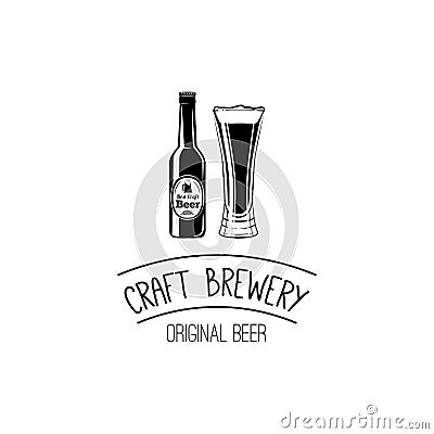 Bottle and glass of craft beer icon. pub, bar symbol. Alcohol badge and label. Vector illustration on white Vector Illustration