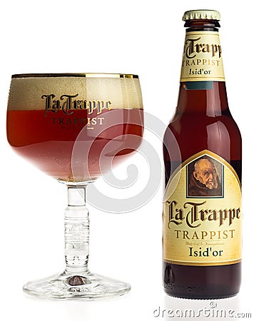 Bottle and glass of La Trappe Isid` or beer isolated on white Editorial Stock Photo