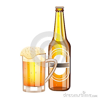Bottle and glass with light beer Vector Illustration