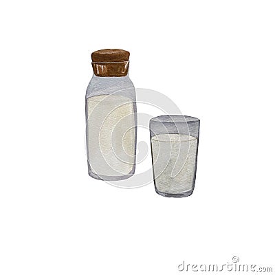 Bottle glass milk white drink watercolor sketch Cartoon Illustration