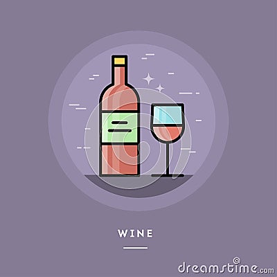 Bottle and glass of red wine, flat design thin line banner Stock Photo