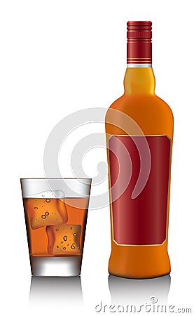 Bottle and glass of scotch whiskey and ice Vector Illustration