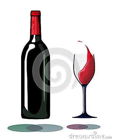 A bottle and a glass of splashing wine hover inches above their own shadows in this interesting take on red wine Cartoon Illustration