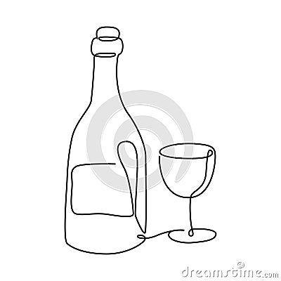 bottle and glass of wine continuous line drawing Vector Illustration