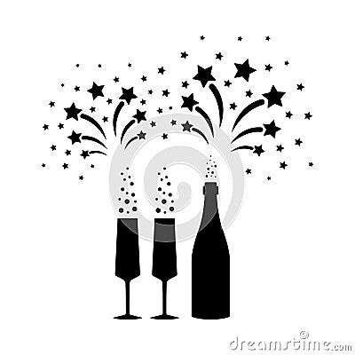 Bottle and glasses of champagne fireworks cheers icon vector set. Anniversary birthday Christmas Eve New Year happy event sign Vector Illustration