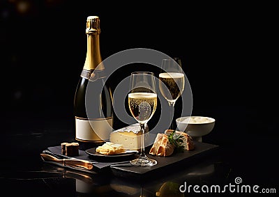 Bottle and glasses of luxury champagne on black stone board with cheese.Macro.AI Generative Stock Photo
