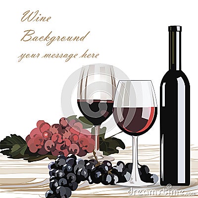 Bottle and Glasses of Red wine with grapes Vector Illustration