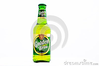 Bottle of Golden Brau beer isolated on white. Illustrative editorial photo shot in Bucharest, Romania, 2021 Editorial Stock Photo