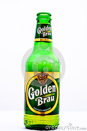 Bottle of Golden Brau beer isolated on white. Illustrative editorial photo shot in Bucharest, Romania, 2021 Editorial Stock Photo