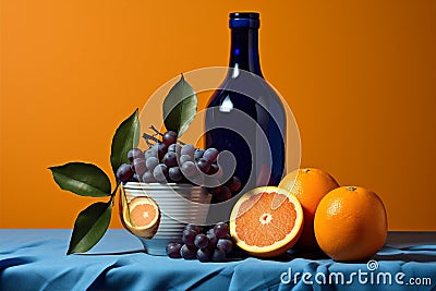 Bottle group vintage orange grapes alcohol blue wine vine drink Stock Photo