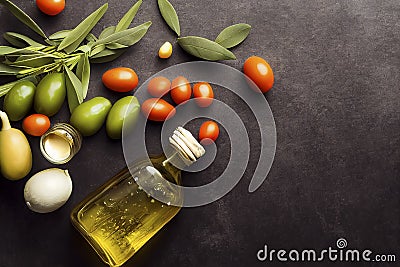 Extra virgin olive oil with green olives and tomatoes generative AI illustration Cartoon Illustration