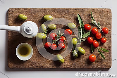 Extra virgin olive oil with green olives and tomatoes generative AI illustration Cartoon Illustration
