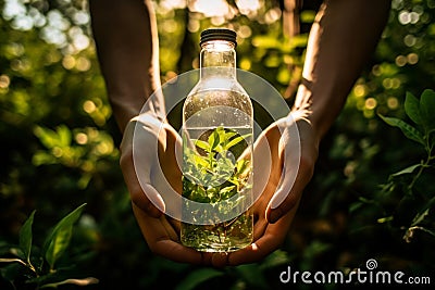 A bottle of herbal tincture of medicinal herbs in male hands against a background of green plants. Natural pharmacy. Homeopathic Stock Photo