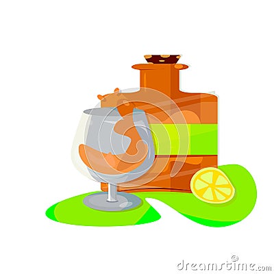 A bottle of high-end brandy and a glass of brandy. Vector Illustration