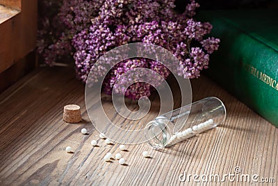 A bottle of homeopathic globules with dried herbs and materia medica Stock Photo