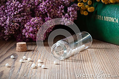 A bottle of homeopathic pills with dried herbs and materia medica Stock Photo