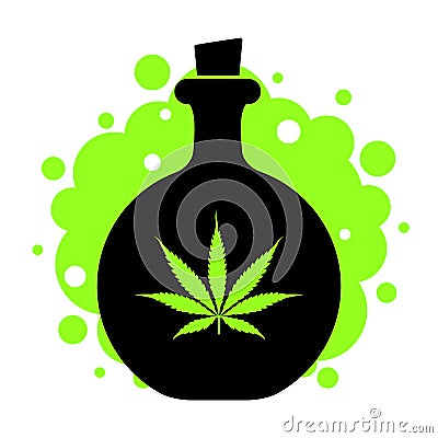 Bottle icon with a leaf of green cannabis and green smoke on a white background. Health-improving pharmacy. Vector Illustration