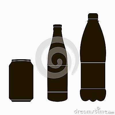 Bottle icons set - metal can, glass and plastic. Vector. Vector Illustration