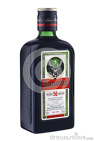 Bottle of Jagermeister, German digestif made, isolated on white Background. Editorial Stock Photo