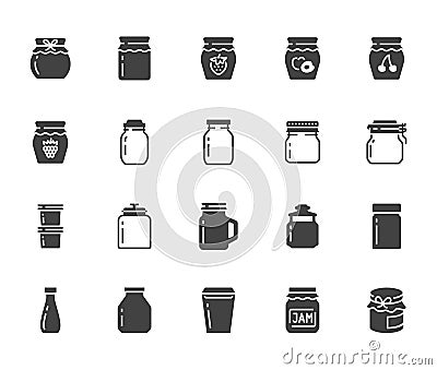 Bottle of jam flat glyph icons. Glass packaging for fruit confiture, raspberry strawberry jelly container vector Vector Illustration