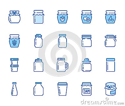 Bottle of jam flat line icons. Glass packaging for fruit confiture, raspberry strawberry jelly container vector Vector Illustration