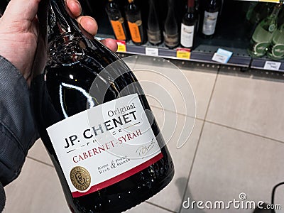 Bottle of JP Chenet of Cabernet Syrah red wine for sale. Editorial Stock Photo