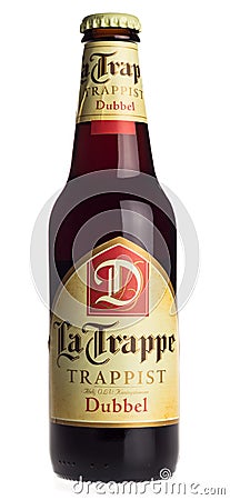 Bottle of La Trappe Dubbel beer on a white background Editorial Stock Photo