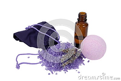 Bottle of lavender oil and spa isolated Stock Photo