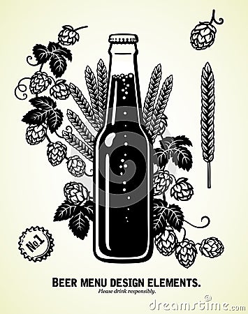 Bottle of light beer with hop branches and ears of barley or wheat. Brewery, beer festival, bar, pub design elements Cartoon Illustration