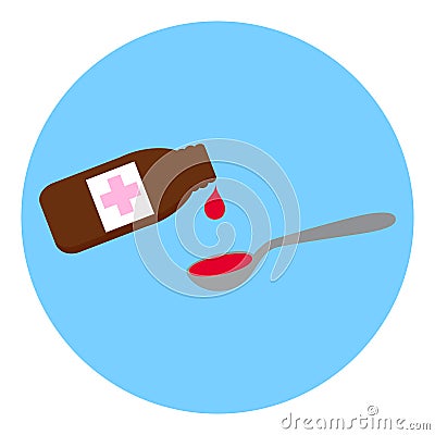 A bottle of liquid medicine poured into a spoon. Vector Illustration