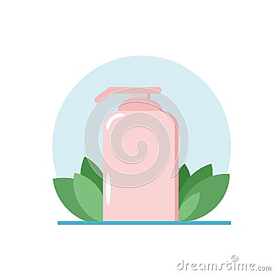 Bottle of liquid soap on a background of leaves in a flat style. cosmetics, hygiene, skin care, hand washing. icon sticker, poster Stock Photo