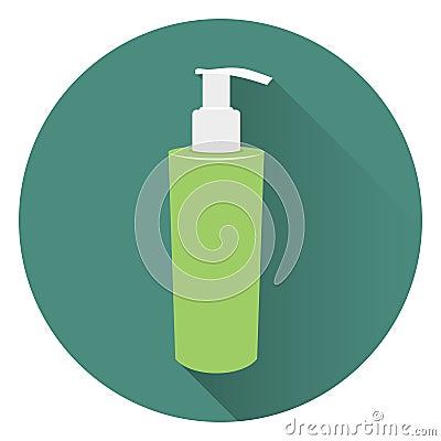 Bottle of liquid soap or body cream. Foam for a bath. On a circular green background with a shadow. Flat style, icon. Vector Illustration