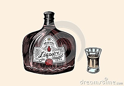 Bottle of liquor. Glass shot with alcohol. Strong drink. Engraved hand drawn vintage sketch for menu or poster. Vector Vector Illustration
