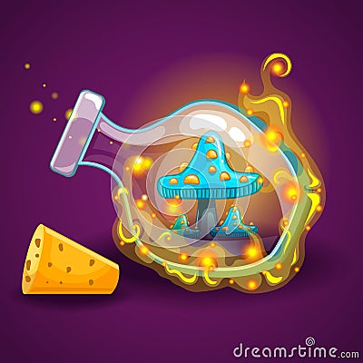 Bottle with magic smoke and mushrooms Cartoon Illustration