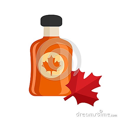 Bottle of maple syrup and red maple leaf. Vector illustration. Vector Illustration