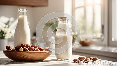 Bottle with milk, almonds on old background tasty kitchen refreshment raw vitamin Stock Photo