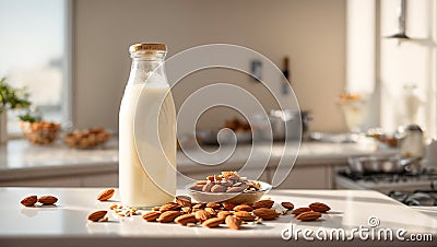 Bottle with milk, almonds on old background tasty kitchen refreshment raw Stock Photo