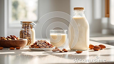 Bottle with milk, almonds on old background tasty kitchen refreshment health Stock Photo