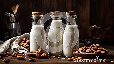 Bottle with milk, almonds on old background tasty kitchen refreshment Stock Photo
