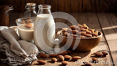 Bottle with milk, almonds on old rustic tasty kitchen refreshment raw vitamin Stock Photo
