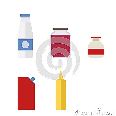 A bottle of milk, jam, ketchup, mayonnaise Cartoon Illustration