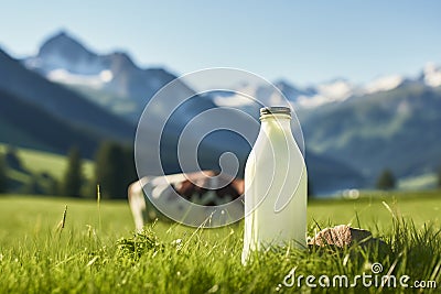Bottle of milk standing on an Alpine meadow with green grass on a sunny summer day. Blue sky mountains cow in the background. Stock Photo