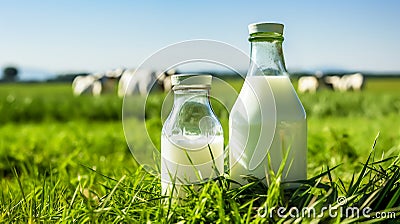 Bottle of milk standing on an Alpine meadow with green grass on a sunny summer day. Blue sky mountains cow in the background. Stock Photo