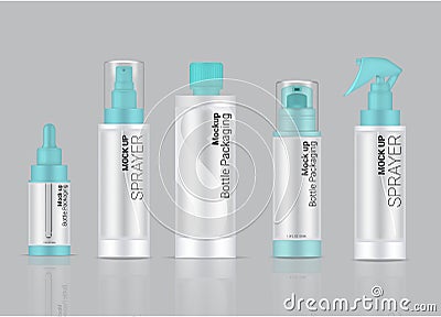 Bottle Mock up Transparent Realistic Skincare Product Spray, Foam soap, Dropper Serum, Pump Lotion Packaging Pastel Colour on Vector Illustration