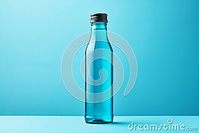 Bottle mockup with blue transparent liquid on a blue background. Isotonic energy sport drink Stock Photo