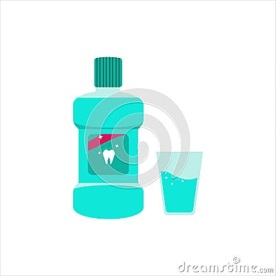 A bottle of mouthwash and a Cup. Mint liquid for rinsing the mouth. Dental and oral care. Vector illustration in flat Vector Illustration