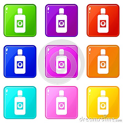 Bottle of mouthwash icons 9 set Vector Illustration