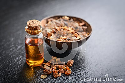 A bottle of myrrh essential oil Stock Photo