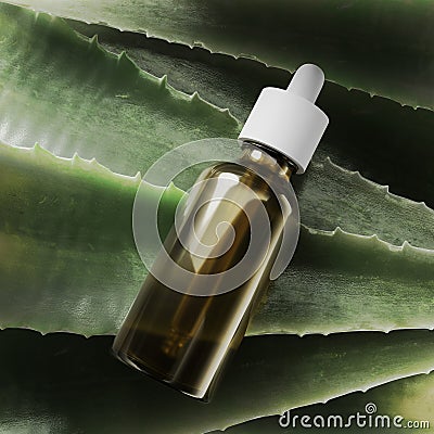 Bottle natural oil aloe, medicine beauty health, background, liquid cosmetic serum. Glass Bottle, care organic herbal, treatment Stock Photo